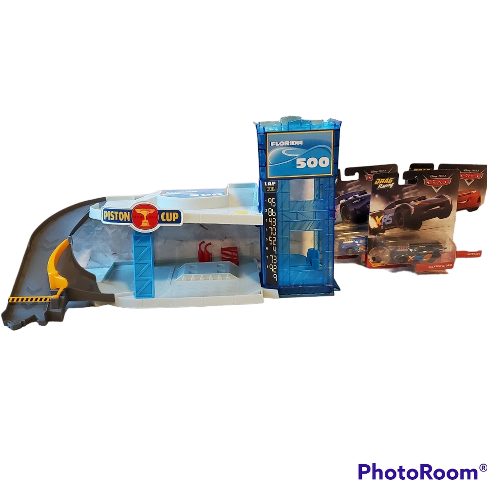 Disney Pixar Cars Piston Cup Garage Playset and 3 Pixar Cars